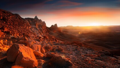 rocky landscape with orange spots warm lighting and a mysterious backdrop scifi vibe