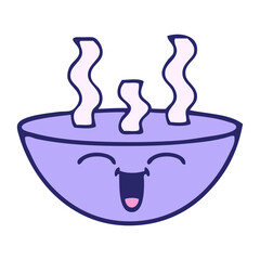 cute cartoon of a bowl of hot soup in bright neon color
