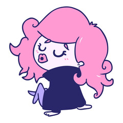 freehand drawn cartoon of cute kawaii girl in bright neon color