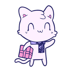 cartoon happy cat wearing scarf in bright neon color