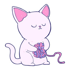 cartoon cat playing with ball of yarn in bright neon color