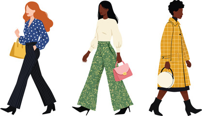 Women walking in stylish outfits with bags and diverse fashion styles in urban setting vector illustration 