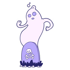 spooky cartoon grave with rising ghost in bright neon color