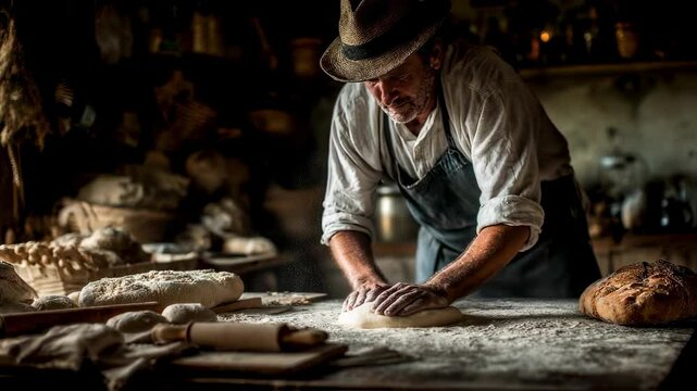 Surrounded by an array of baking tools the baker leans over the countertop expertly shaping the dough with his fingers while flour dusting from a sifter wafts above creating a rustic