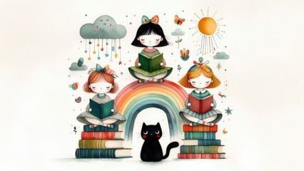 Joyful children reading books with a black cat on a magical fairy tale background filled with sunshine, rain, and a rainbow. Perfect for kids&rsquo; storytime, educational spaces, fantasy lovers