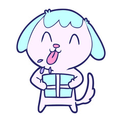 cute cartoon dog with christmas present in bright neon color