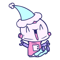 hand drawn line drawing of a robot wearing santa hat in bright neon color