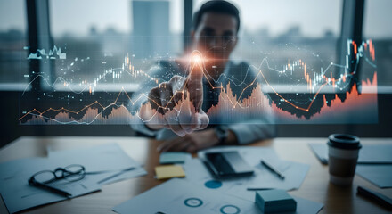 Businessman Analyzing Digital Data Graphs on Transparent Screen in Modern Office