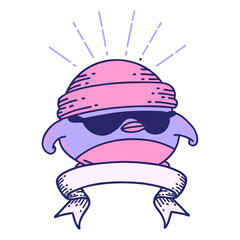 scroll banner with tattoo style cool robin in bright neon color