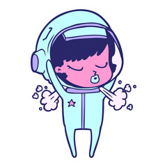 cartoon pretty astronaut girl taking off helmet in bright neon color