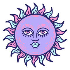 iconic tattoo style image of a sun with face in bright neon color