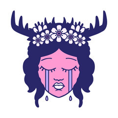 Retro Tattoo Style crying human druid in bright neon color