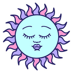 tattoo in traditional style of a sun with face in bright neon color