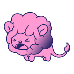 freehand drawn gradient cartoon of cute kawaii roaring lion in bright neon color