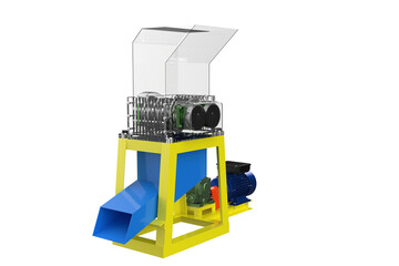 Industrial Shredder Machine: 3D Rendered Recycling Equipment with Exposed Blades, Electric Motor, Belt Drive. Isolated on Transparent HD Background for Waste Management and Material Processing.