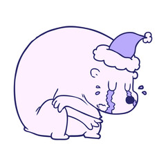 crying hand drawn line drawing of a polar bear wearing santa hat in bright neon color