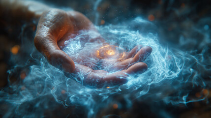 Fototapeta premium Close-up of a hand holding glowing magical energy surrounded by blue smoke and sparks, ideal for fantasy art, book covers, or digital concept design