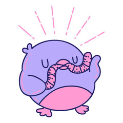 illustration of a traditional tattoo style robin with worm in bright neon color