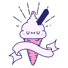 scroll banner with tattoo style ice cream character in bright neon color