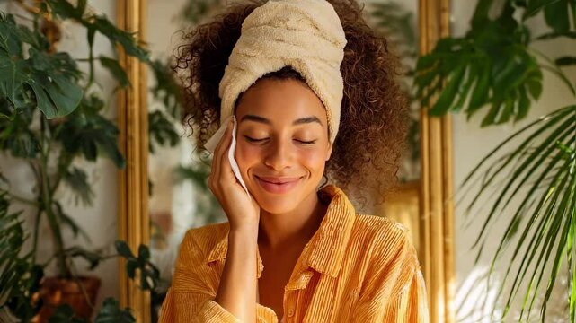 In a cozy welllit room a woman joyfully wipes off her makeup using a soft napkin. Her expression is one of relaxation and contentment and the background features a mirror and vibrant