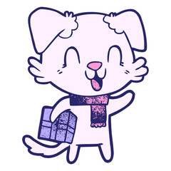 Obraz premium laughing cartoon dog with christmas present in bright neon color