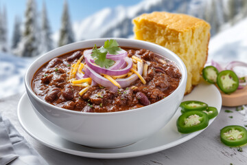 Spicy beef chili with red beans, cheddar cheese, red onions and jalapeños, winter comfort food with cornbread side, hearty snow day meal