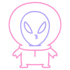 line doodle of a small alien looking thoughtful icon in bright neon color