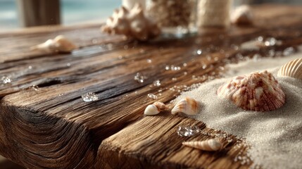 Rustic beach tranquility: Seashells and sand on aged wood texture background