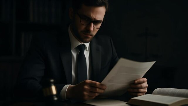Focused Examination: A sharp and focused professional, immersed in the critical details of a legal document, embodies the essence of diligence and professional precision.