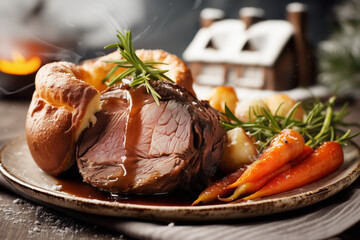 Roast beef with Yorkshire pudding, baby carrots and potatoes in rich gravy, festive winter meal with rosemary garnish, cozy holiday comfort food scene