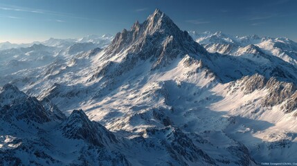 Majestic Winter Mountain Range Panorama: A Breathtaking Aerial View of Snow-Capped Peaks