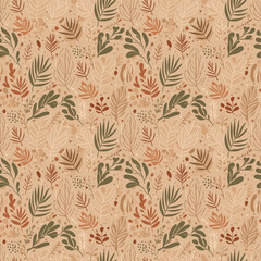 Seamless Boho Jungle Pattern - Hand-Drawn Exotic Leaves & Twigs - Earthy Terracotta & Olive Green - Textile & Wallpaper Design