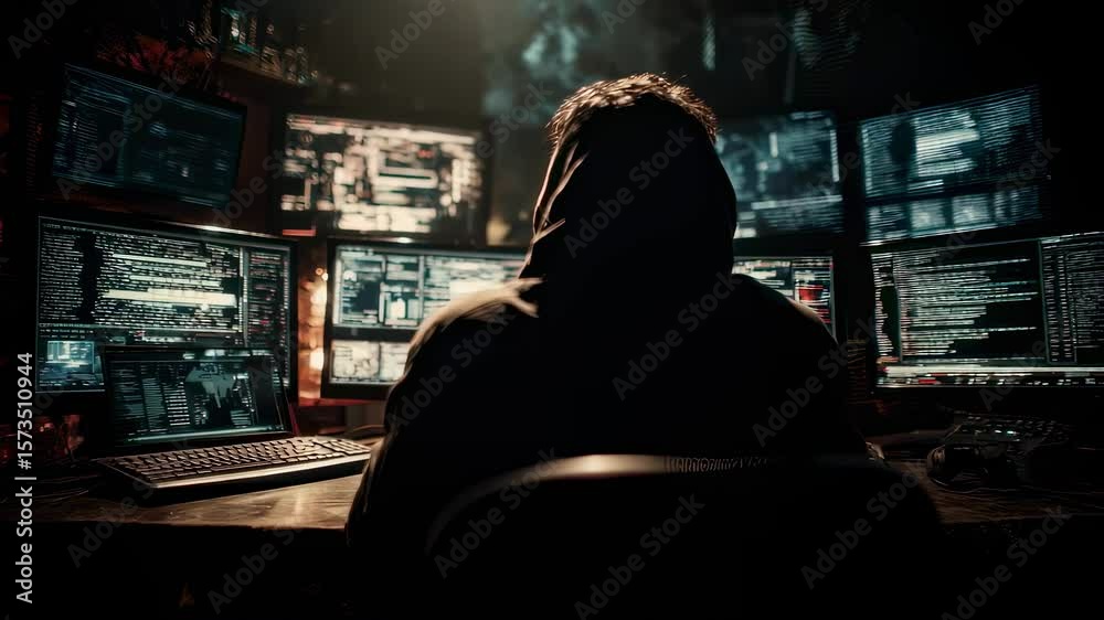 Aufkleber professional hacker wearing hoodie is sitting at desk and breaking code, programming virus or malwar