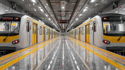 Symmetrical urban subway station view, offering an abstract geometric perspective