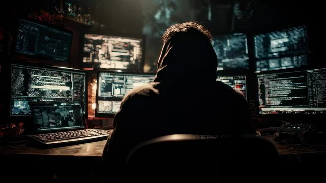 Professional hacker wearing hoodie is sitting at desk and breaking code, programming virus or malware using multiple computer screens in dark room