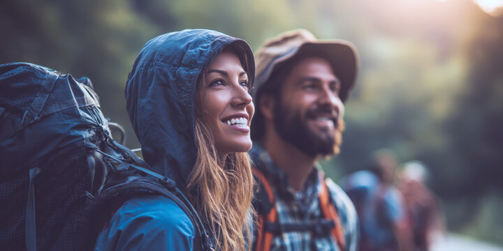 A happy couple with backpacks smiles brightly at the camera while enjoying a refreshing hike through a lush, green forest, epitomizing the joy of outdoor adventure and togetherness