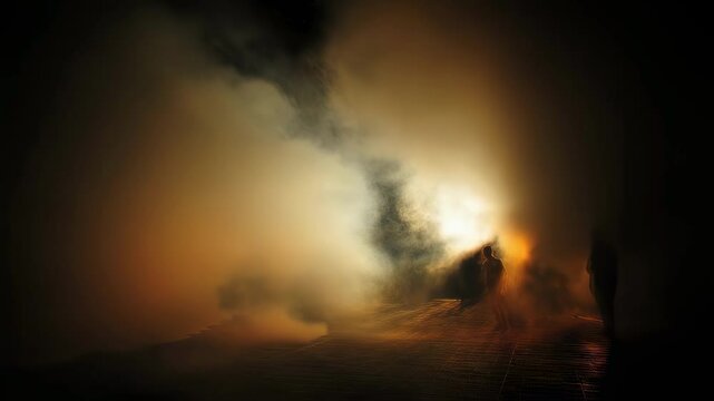 Fiery entrance radiating warmth and light partially obscured by swirling dark seething smoke transporting viewers to a dreamlike dimension full of wonder and intrigue.