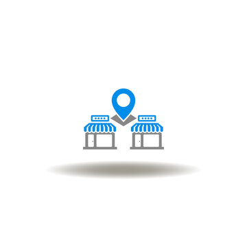 Vector illustration of two store and location map pointer. Symbol of local seo. Icon of business marketing optimization.