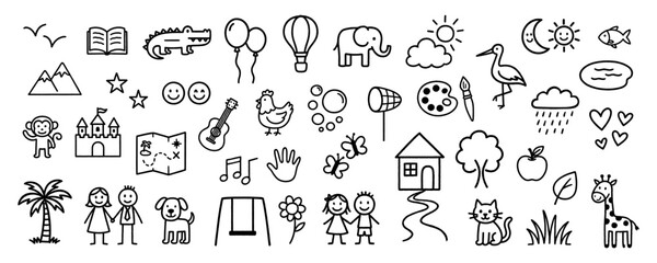 Collection of hand-drawn black doodle icons in children's drawing style. Educational and playful elements for kids learning and design.