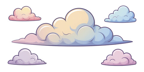 Fluffy Cartoon Cloud Set, Weather Illustration – Cute Puffy Vector Clouds, Sunny and Stormy Sky Elements, Cumulus Nimbus Clipart, Forecast Icons for Web, Children Art, Nature, Dreamy Background
