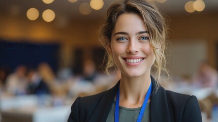Obraz premium Confident Young Woman Smiling at a Professional Conference or Event