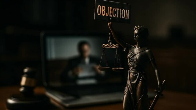 Justice in Debate: A courtroom scene with a focus on legal proceedings, featuring the statue of justice, scales, the gavel.