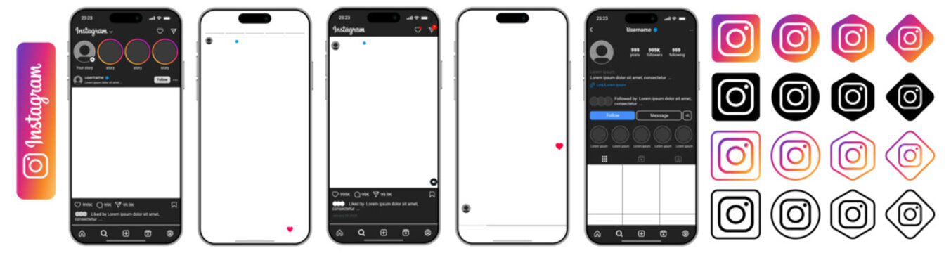 Instagram PNG UI template with post and story screen layout for mobile with instagram logo.