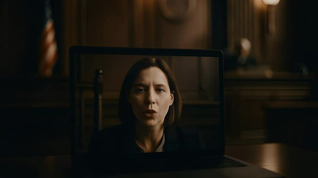Courtroom Drama on Display: A serious-faced, determined woman appears on a laptop screen, engaged in a video call within a grand, wood-paneled courtroom.