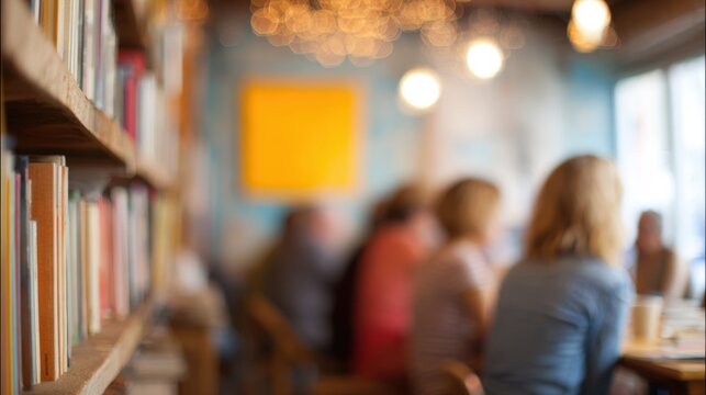 Bookshelf and Blurred People in a Cafe