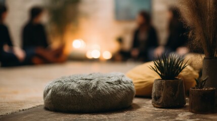 People sitting in a room with cushions and plants