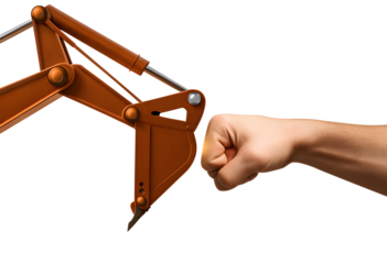 Human vs Robot Arm - Technology vs Strength Concept, construction concept, construction post & banner, industrial crain 