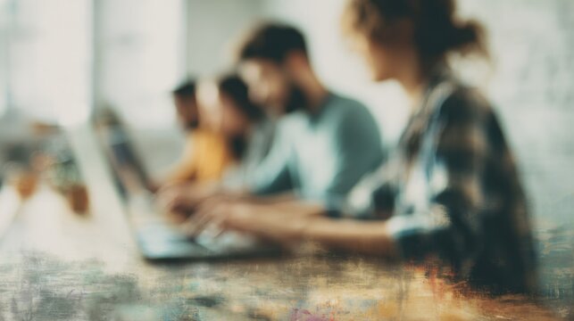 People working on laptops in a blurred office environment