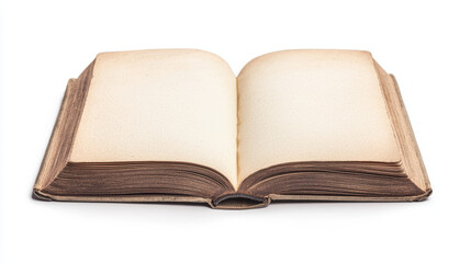 An old, open book with blank, yellowed pages and a worn spine, displayed against a white background.
