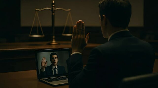 Virtual Oath: A lawyer takes a virtual oath, his hands raised in solemnity before a laptop screen displaying a witness during a virtual court proceeding.